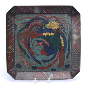Square Tray, Japanese Cloisonne, Colorful Phoenix Design, Estimated 1870's,