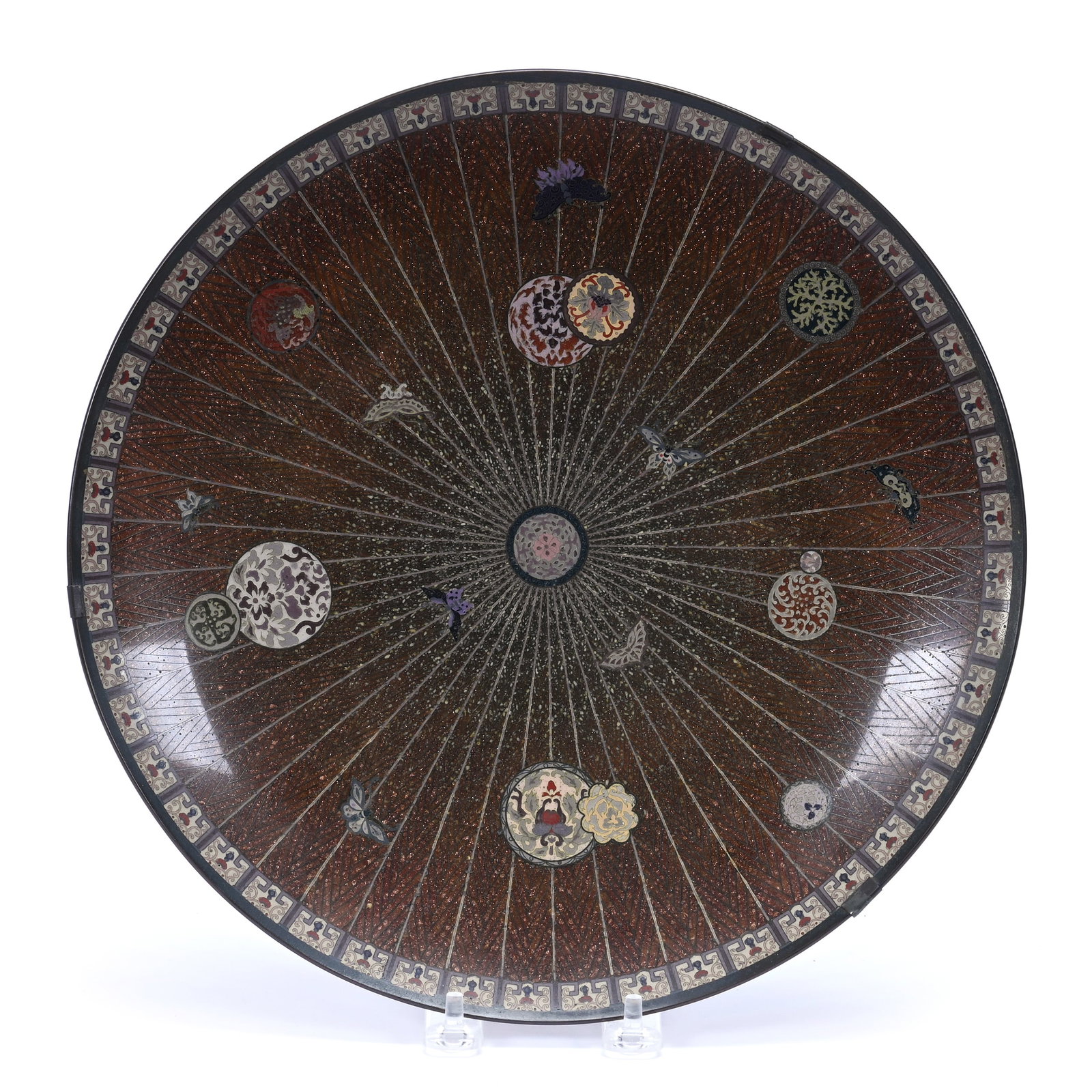 Plate, Japanese Cloisonne, Radial Gold Stone Design With Medallion And Butterfly Highlights: Plate, Japanese Cloisonne, Radial Gold Stone Design With Medallion And Butterfly Highlights, 12", Very Nice Detail, The Estate Of Rex And Mary Campbell, MO. All Proceeds Of This Auction Go To Benefit 