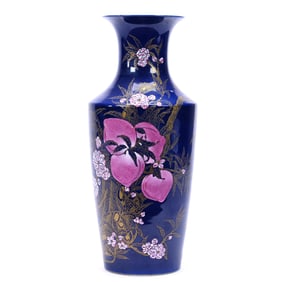 Vase, Chinese Porcelain, Cobalt Blue With Enameled Peach Decor And Gold Stencil Highlights