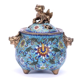 Incense Burner, Chinese Cloisonne, Figural Foo Dog Finial And Handles, In The Style Of Qing Dynasty