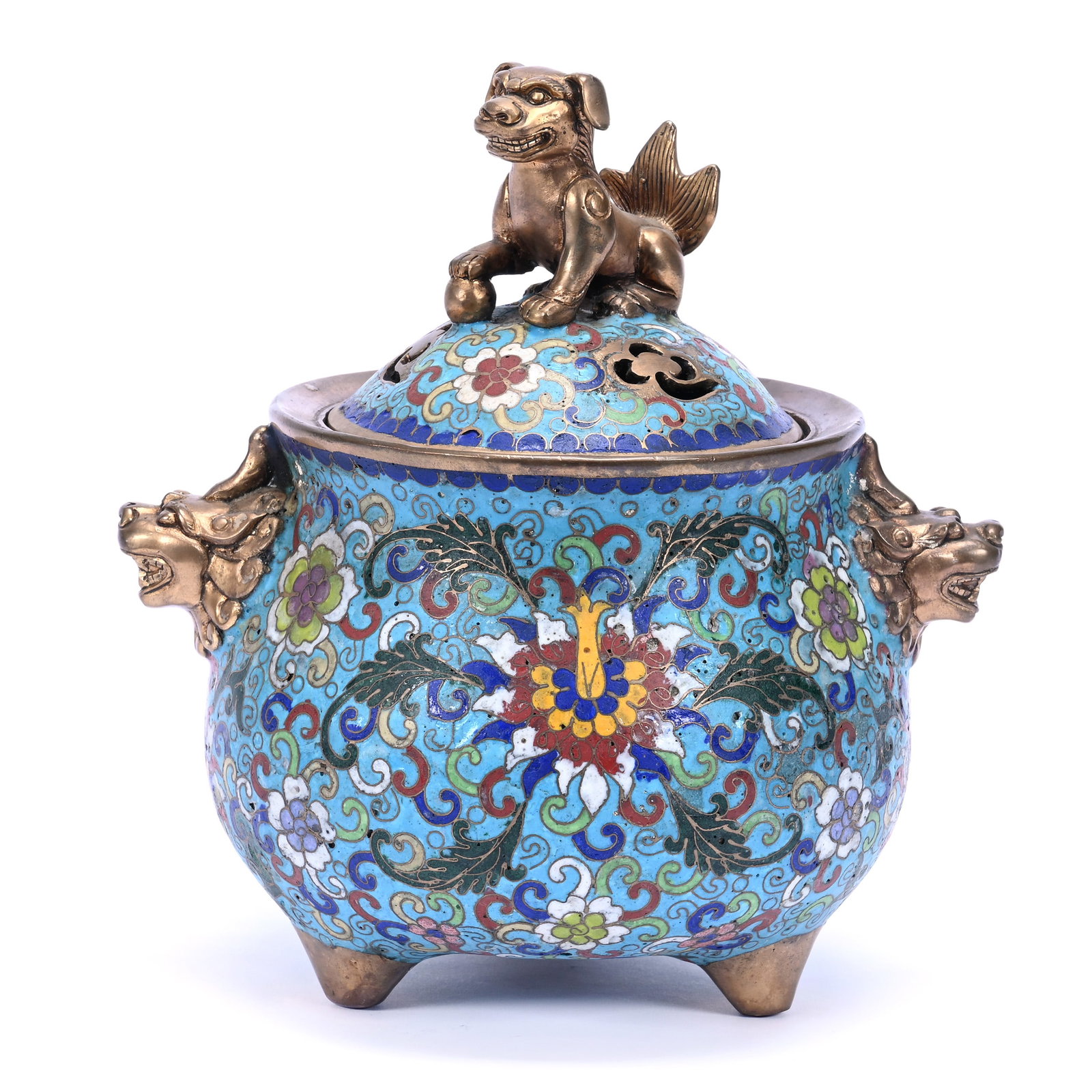 Incense Burner, Chinese Cloisonne, Figural Foo Dog Finial And Handles, In The Style Of Qing Dynasty: Incense Burner, Chinese Cloisonne, Figural Foo Dog Finial And Handles, In The Style Of Qing Dynasty, 8" x 7.25" x 6", Total Weight 5.5 Pounds, The Estate Of Rex And Mary Campbell, MO. All Proceeds Of 