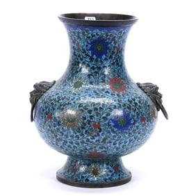 Vase, Chinese Cloisonne, Blue Ground With Large Floral Design, In The Style Of Ming Dynasty