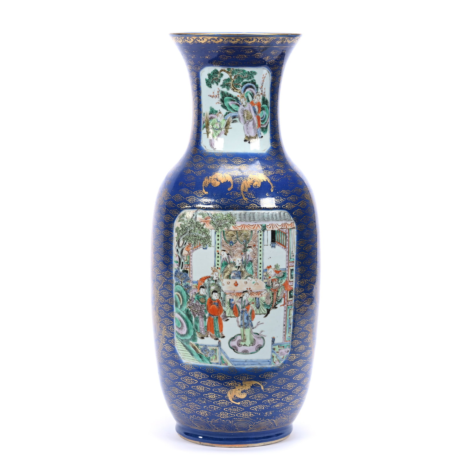 Vase, Chinese Porcelain, Cobalt Blue With Classic Scenes: Vase, Chinese Porcelain, Cobalt Blue With Classic Scenes, 23.75" x 10", Extensive Gold Stencil Dragon And Bat Highlights, In Style Of Qing Dynasty, Hard To See Hairline, Woody Auction Cannot Ship This
