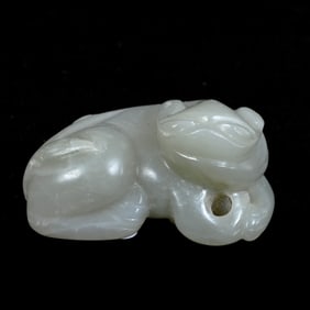 Figurine, Chinese Jade Carved Foo Lion, Light Green, Almost White