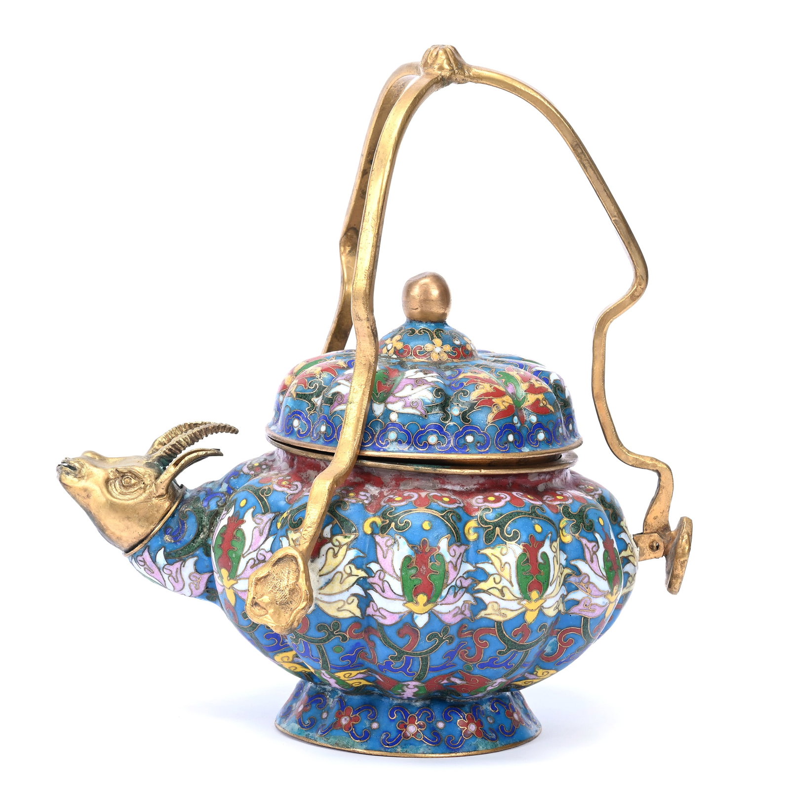 Tea Pot, Chinese Cloisonne, Melon Ribbed, Elaborate Colors: Tea Pot, Chinese Cloisonne, Melon Ribbed, Elaborate Colors, 9" x 8.5", Figural Gilt Metal Mythical Animal Spout, Some Bends In Metal, The Estate Of Rex And Mary Campbell, MO. All Proceeds Of This Auct
