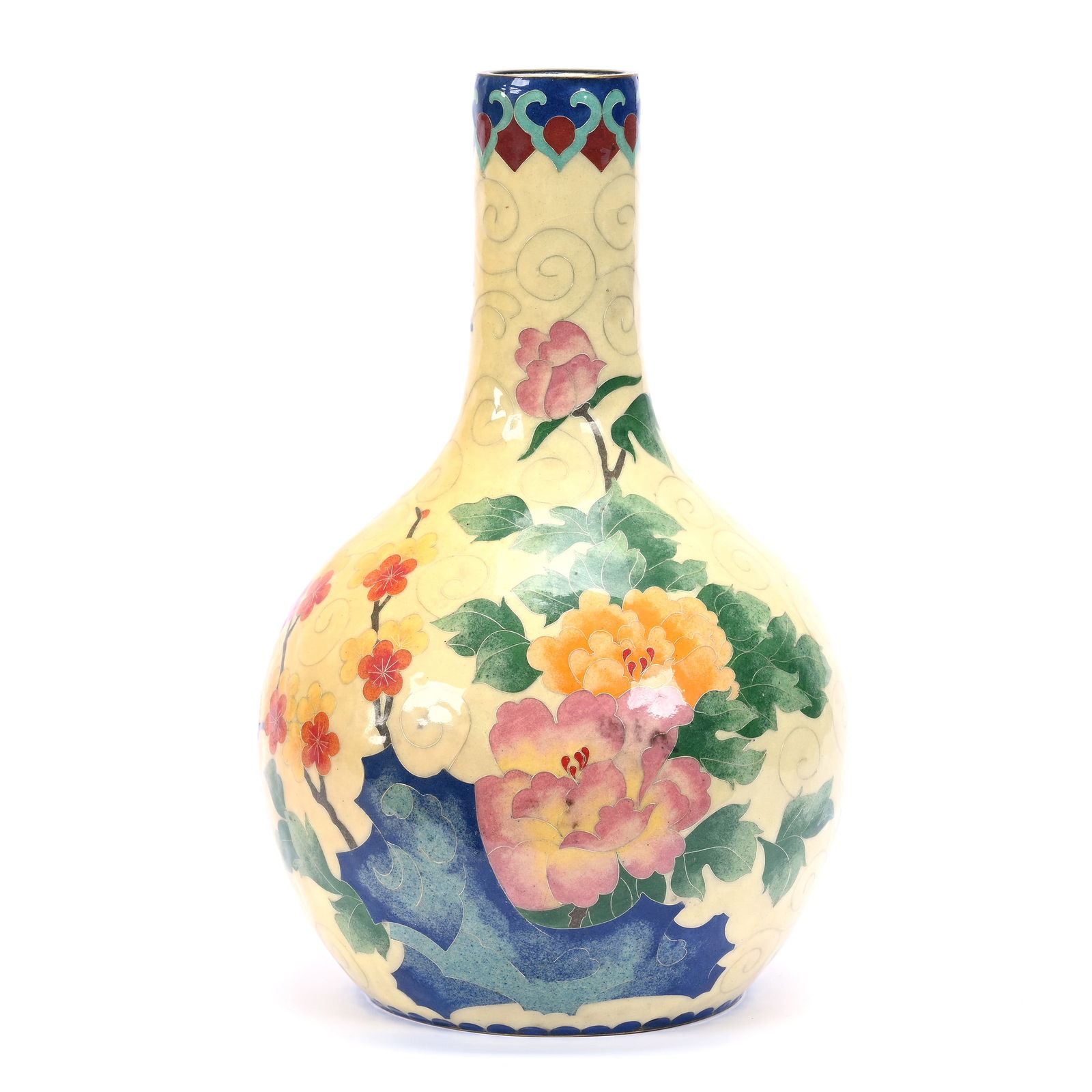 Vase, Chinese Cloisonne Over Porcelain, Yellow Ground, Colorful Floral Decor (1 of 4)