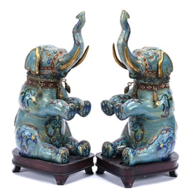 Pair Figural Elephant Canisters, Chinese Cloisonne