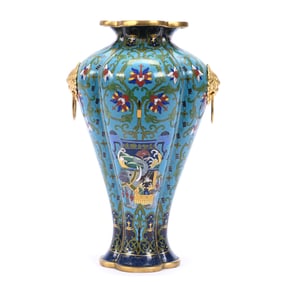Vase, Chinese Cloisonne, Melon Form, Elaborate Colorful Design, Gilt Metal Handles