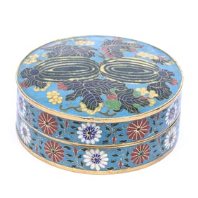 Round Covered Box, Chinese Cloisonne, Fruit And Floral Design