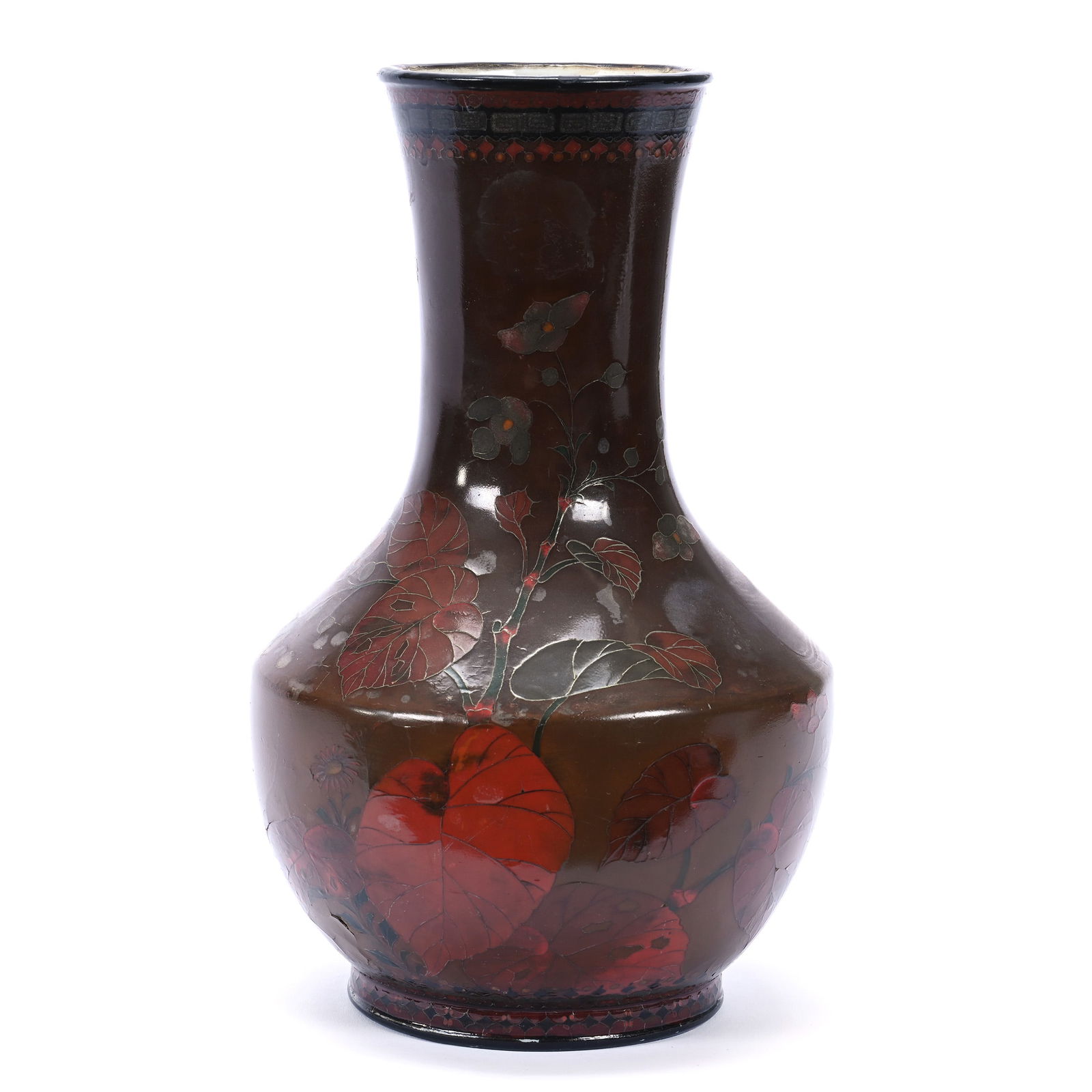 Vase, Chinese Cloisonne Over Porcelain, Brown Tones, Branch, Bird And Leaf Decor (1 of 4)