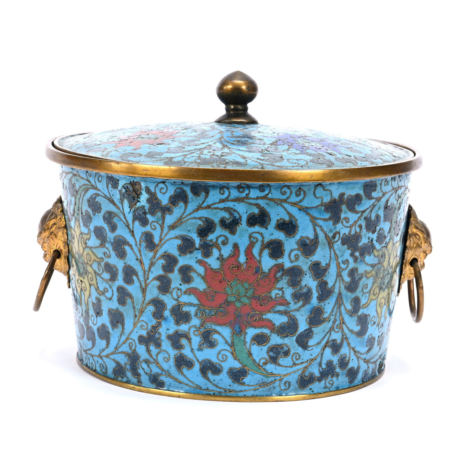 Covered Vessel, Chinese Cloisonne, Classic Blue With Floral Design: Covered Vessel, Chinese Cloisonne, Classic Blue With Floral Design, 6.25" x 7.5", In Style Of Ming Dynasty, Minimal Loss, The Estate Of Rex And Mary Campbell, MO. All Proceeds Of This Auction Go To Be