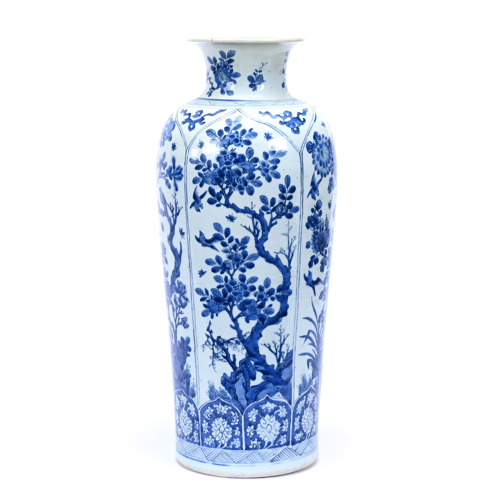 Vase, Chinese Porcelain, Blue And White, Double Ring Leaf Mark: Vase, Chinese Porcelain, Blue And White, Double Ring Leaf Mark, 22.5" x 9", In Style Of Kangxi Dynasty, Hairline Around Shoulder Of Vase, The Estate Of Rex And Mary Campbell, MO. All Proceeds Of This 