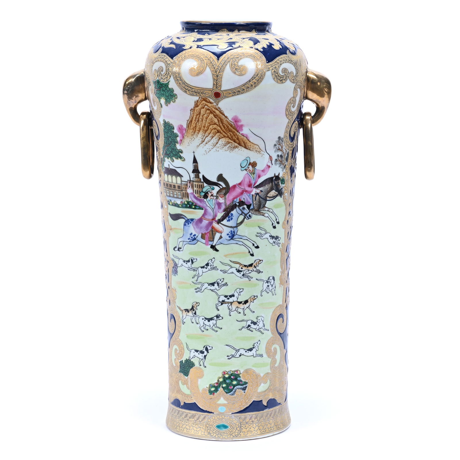 Vase, Two Handles, Chinese Porcelain, Cobalt Blue With Western Export Design, Gold Highlights (1 of 3)
