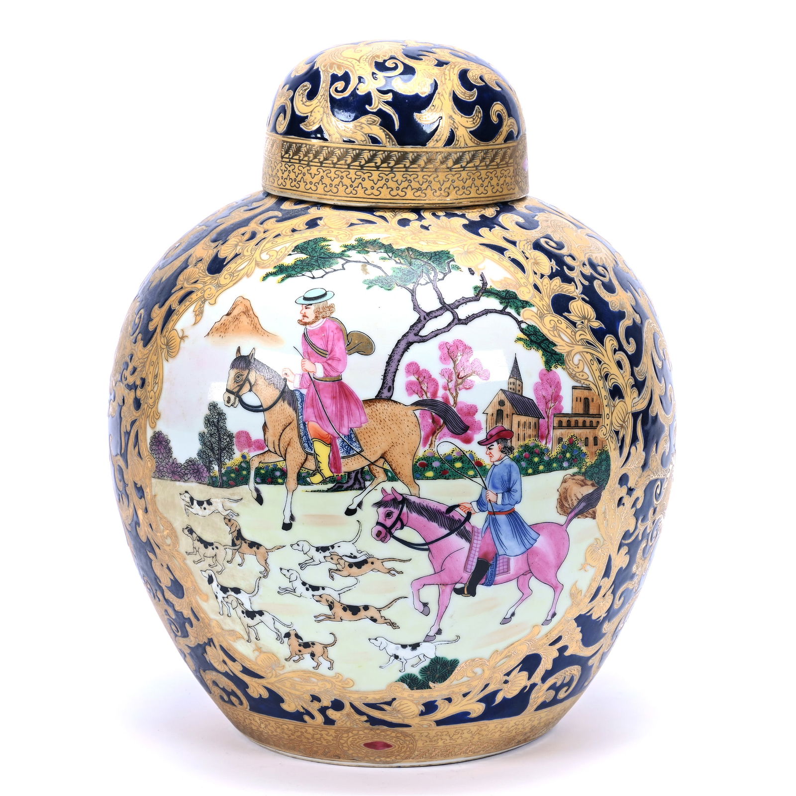 Covered Jar, Two Handles, Chinese Porcelain, Cobalt Blue With Western Export Design (1 of 3)