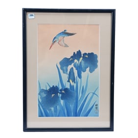 Original Japanese Wood Block Print With Kingfisher And Iris Flowers By Koson O'hara, Circa 1926