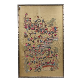 Framed Silk Embroidered Scene With Nearly 100 Individual Figures In Classic Chinese Setting