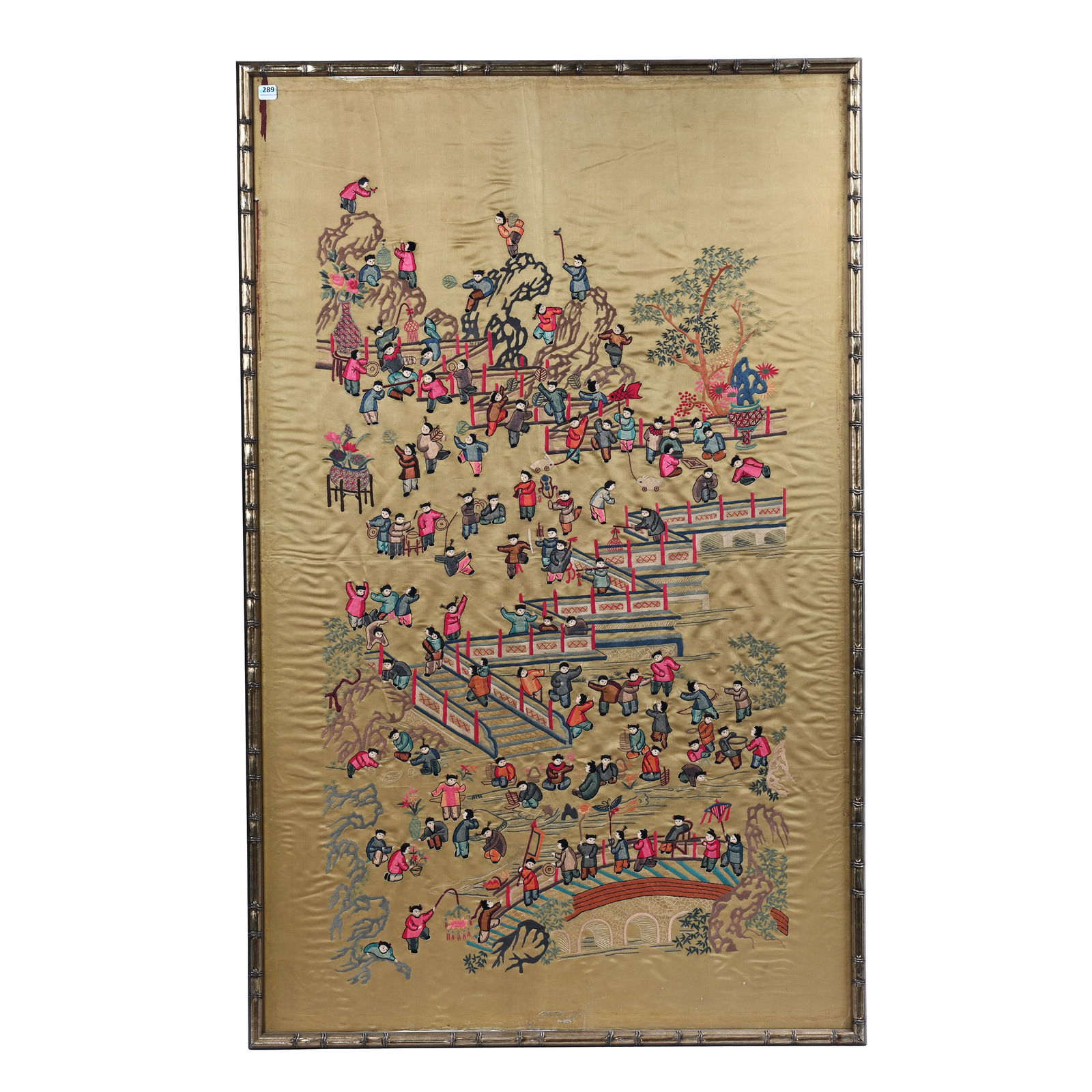Framed Silk Embroidered Scene With Nearly 100 Individual Figures In Classic Chinese Setting (1 of 7)