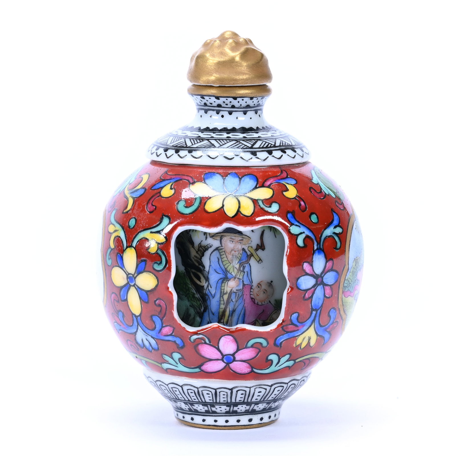 Snuff Bottle, Chinese Porcelain, Storyteller Rotating: Snuff Bottle, Chinese Porcelain, Storyteller Rotating, 3" x 2", Three Individual Parts, In Style Fo Qing Dynasty, The Estate Of Rex And Mary Campbell, MO. All Proceeds Of This Auction Go To Benefit Lo