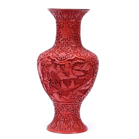 Vase, Chinese Carved Cinnabar, In Style Of Qing Dynasty