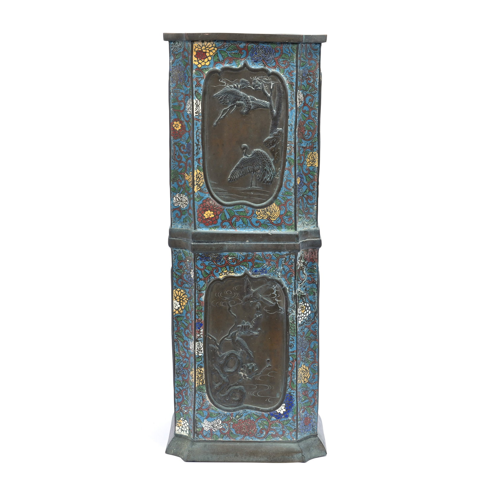 Umbrella Stand, Four Sided, Chinese Cloisonne: Umbrella Stand, Four Sided, Chinese Cloisonne, 23.75" x 9", Embossed Panels Feature Various Animals Including Monkey And Crab, Eagle, Crane, Turtles And More, Some Exterior Wear, Base Has Likely Been 