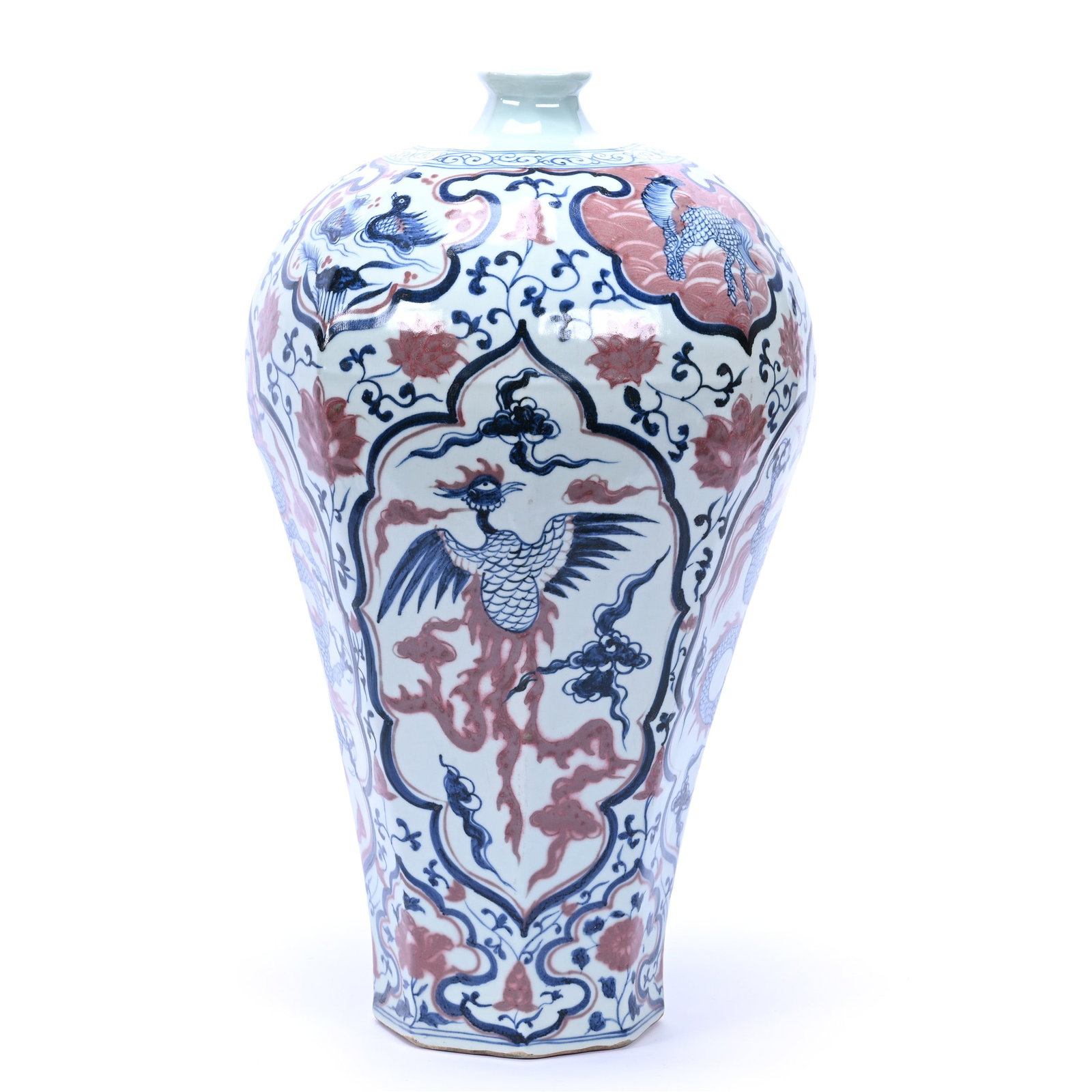 Vase, Chinese Porcelain, Unmarked, In Style Of Ming Dynasty: Vase, Chinese Porcelain, Unmarked, In Style Of Ming Dynasty, 17.5" x 9.5", Blue, Pink And White Dragon And Phoenix Designs, The Estate Of Rex And Mary Campbell, MO. All Proceeds Of This Auction Go To 