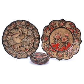 (3) Items, Molded Lacquer On Wood, Black, Gold And Red Tones, Various Scenes