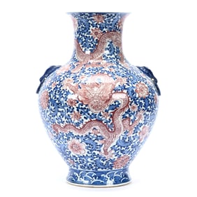 Vase, Chinese Porcelain, Blue And White With Red Dragon Decor