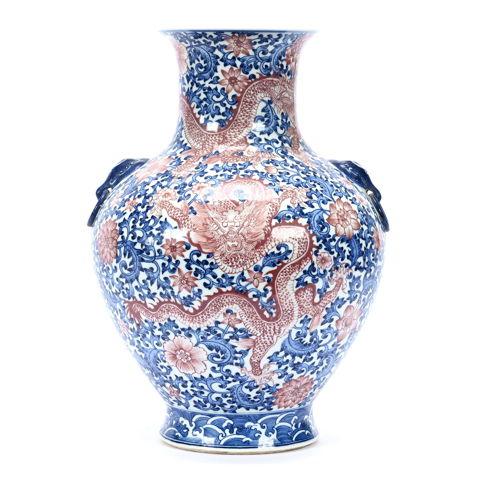 Vase, Chinese Porcelain, Blue And White With Red Dragon Decor: Vase, Chinese Porcelain, Blue And White With Red Dragon Decor, 15" x 10", In Style Qing Dynasty, The Estate Of Rex And Mary Campbell, MO. All Proceeds Of This Auction Go To Benefit Low Income Students