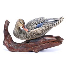 Wooden Decoy Sculpture, Painted, Mallard Duck On Log