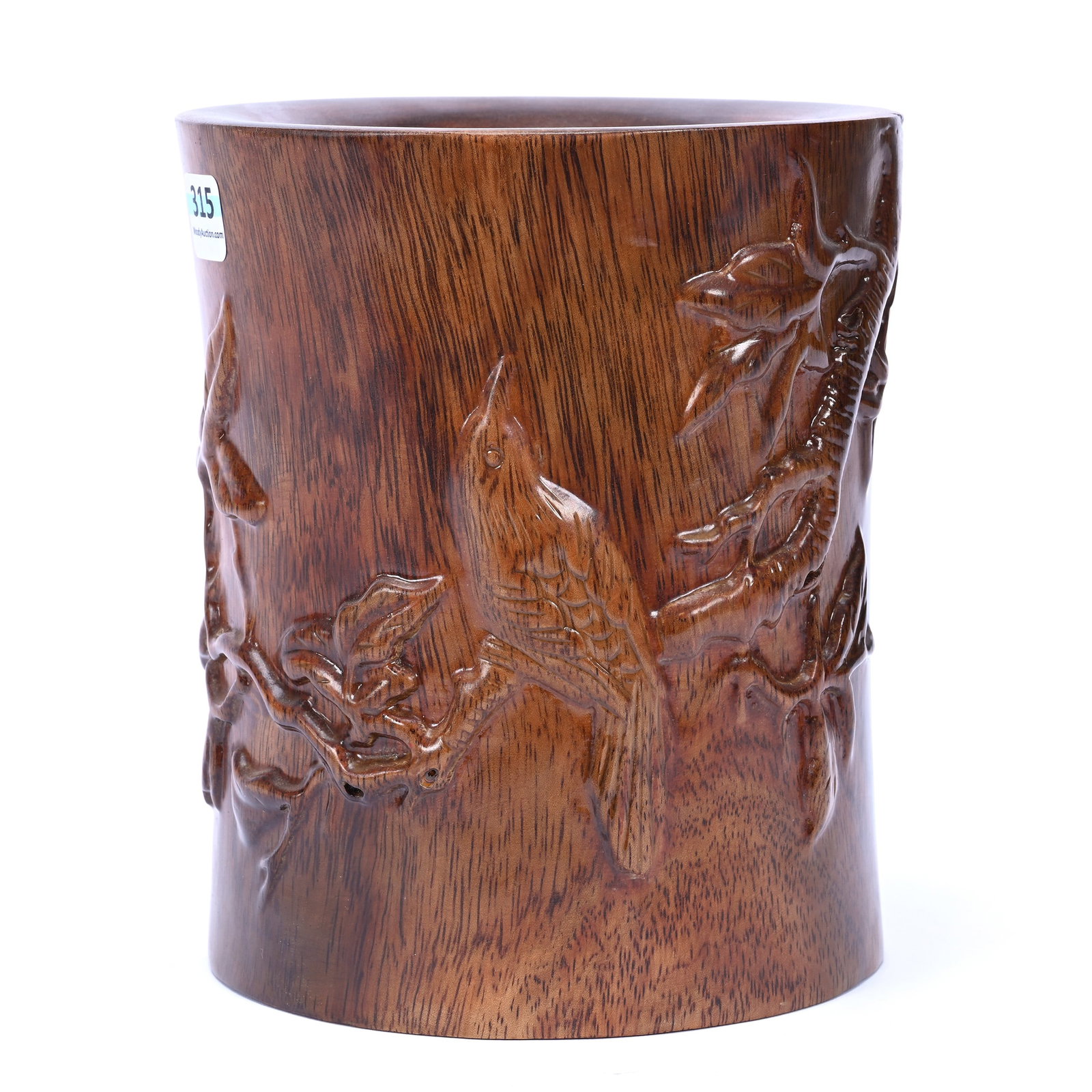 Brush Pot, Solid Carved Wood, Possibly Chinese Rosewood: Brush Pot, Solid Carved Wood, Possibly Chinese Rosewood, 7.25" x 6", Bird And Branch Decor, Natural Split In Side, The Estate Of Rex And Mary Campbell, MO. All Proceeds Of This Auction Go To Benefit L