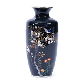 Vase, Japanese Cloisonne, Dark Blue With Bird And Blossom Decor
