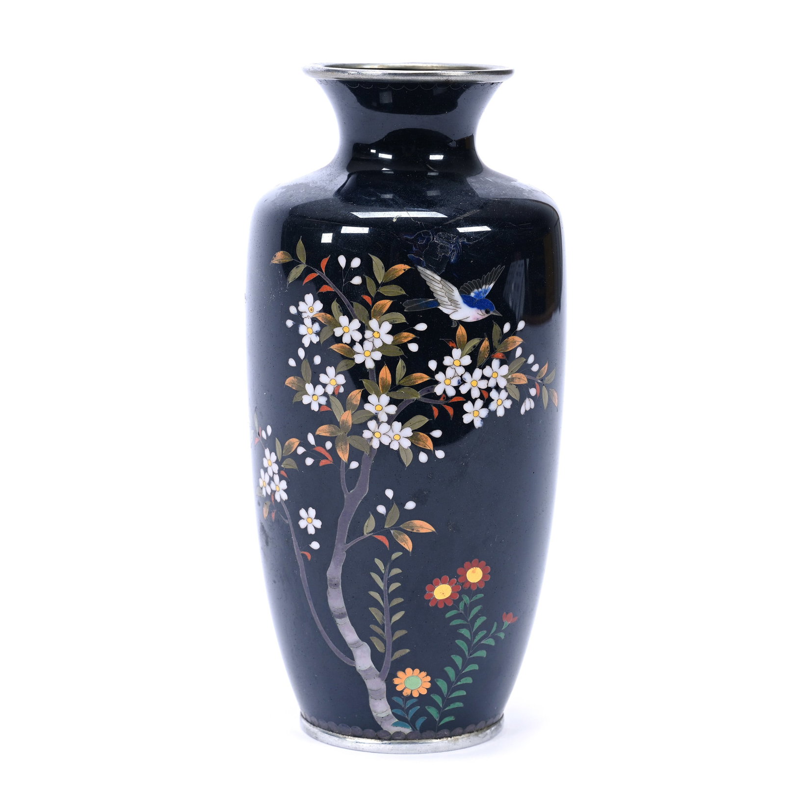 Vase, Japanese Cloisonne, Dark Blue With Bird And Blossom Decor: Vase, Japanese Cloisonne, Dark Blue With Bird And Blossom Decor, 6" x 2.75", Two Hard To See Surface Blemishes, The Estate Of Rex And Mary Campbell, MO. All Proceeds Of This Auction Go To Benefit Low 