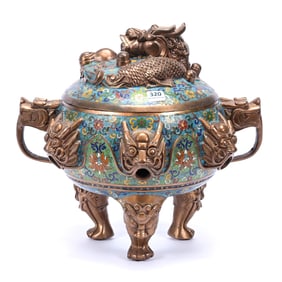 Covered Sensor, Three Feet, Two Handles, Heavy Bronze With Cloisonne Floral Design