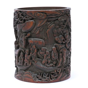 Brush Pot, Chinese Carved Bamboo, Carved With Scene Of Fishermen In Boats And Reticulated Pines