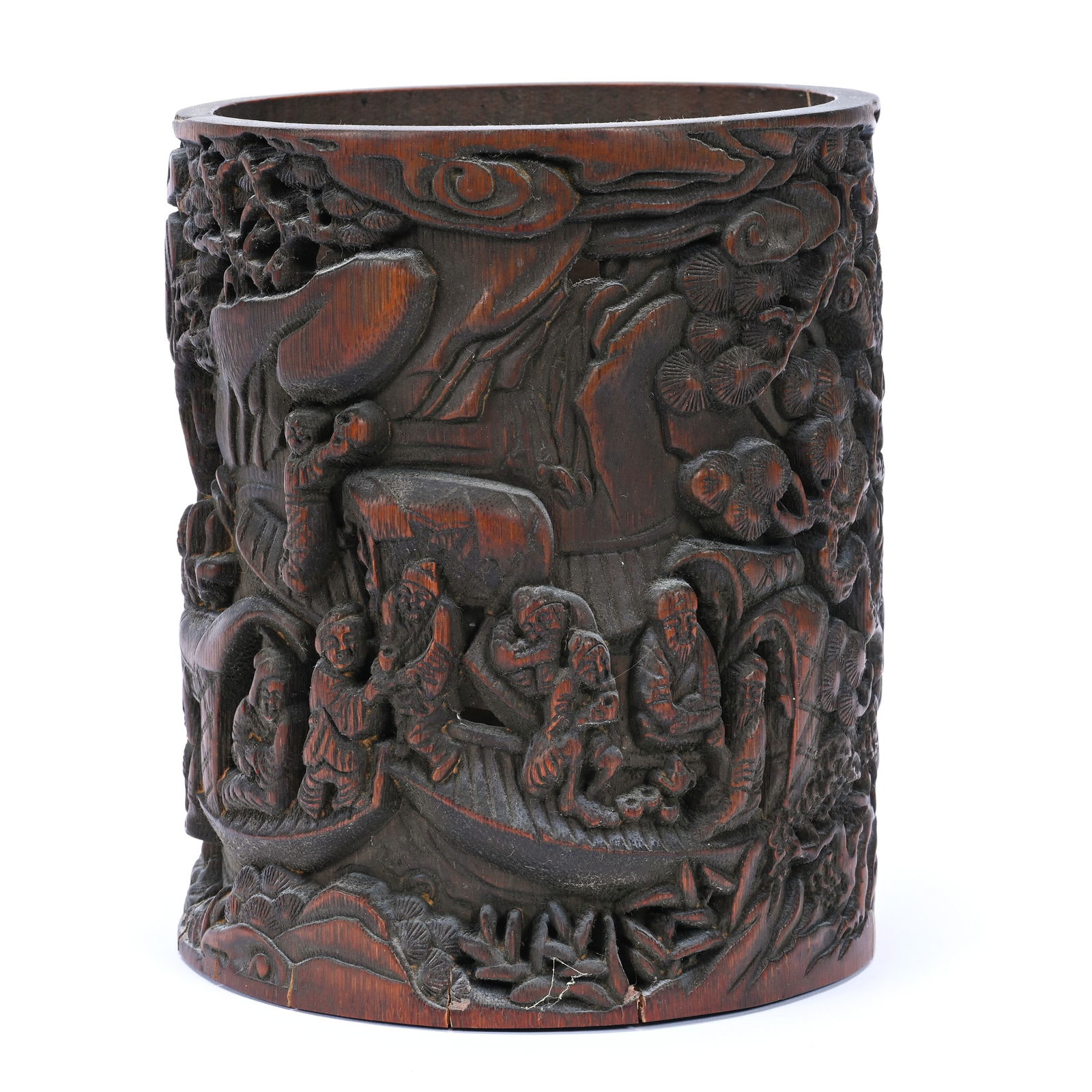 Brush Pot, Chinese Carved Bamboo, Carved With Scene Of Fishermen In Boats And Reticulated Pines (1 of 5)