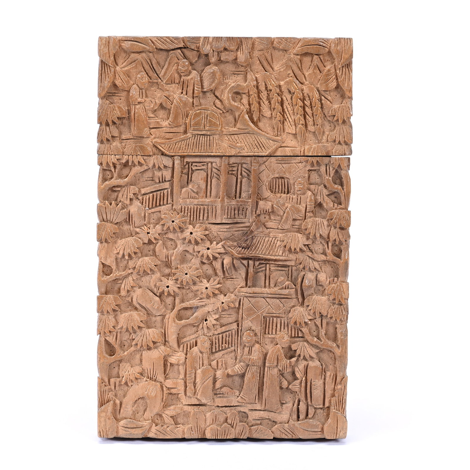 Card Holder, Chinese Carved Wood With Fota Trees And Figures Design: Card Holder, Chinese Carved Wood With Fota Trees And Figures Design, 4.25" x 2.75" x 0.5", Personalized Inside Lip "Blanch Clyce 1893", The Estate Of Rex And Mary Campbell, MO. All Proceeds Of This Au