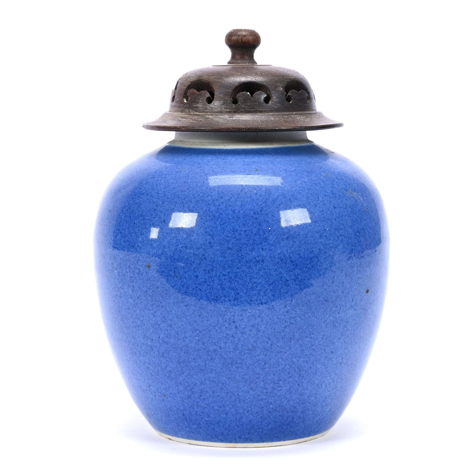 Covered Jar, Chinese Porcelain, Blue Glaze With Double Ring Mark: Covered Jar, Chinese Porcelain, Blue Glaze With Double Ring Mark, 9" x 6.75", Replacement Wood Lid, In Style Of Qing Dynasty, The Estate Of Rex And Mary Campbell, MO. All Proceeds Of This Auction Go T