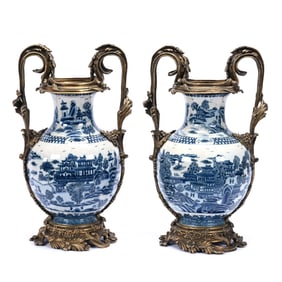 Pair Vases, Two Handles, Chinese Porcelain, Blue And White, Elaborate Gilt Ormolu Mounts