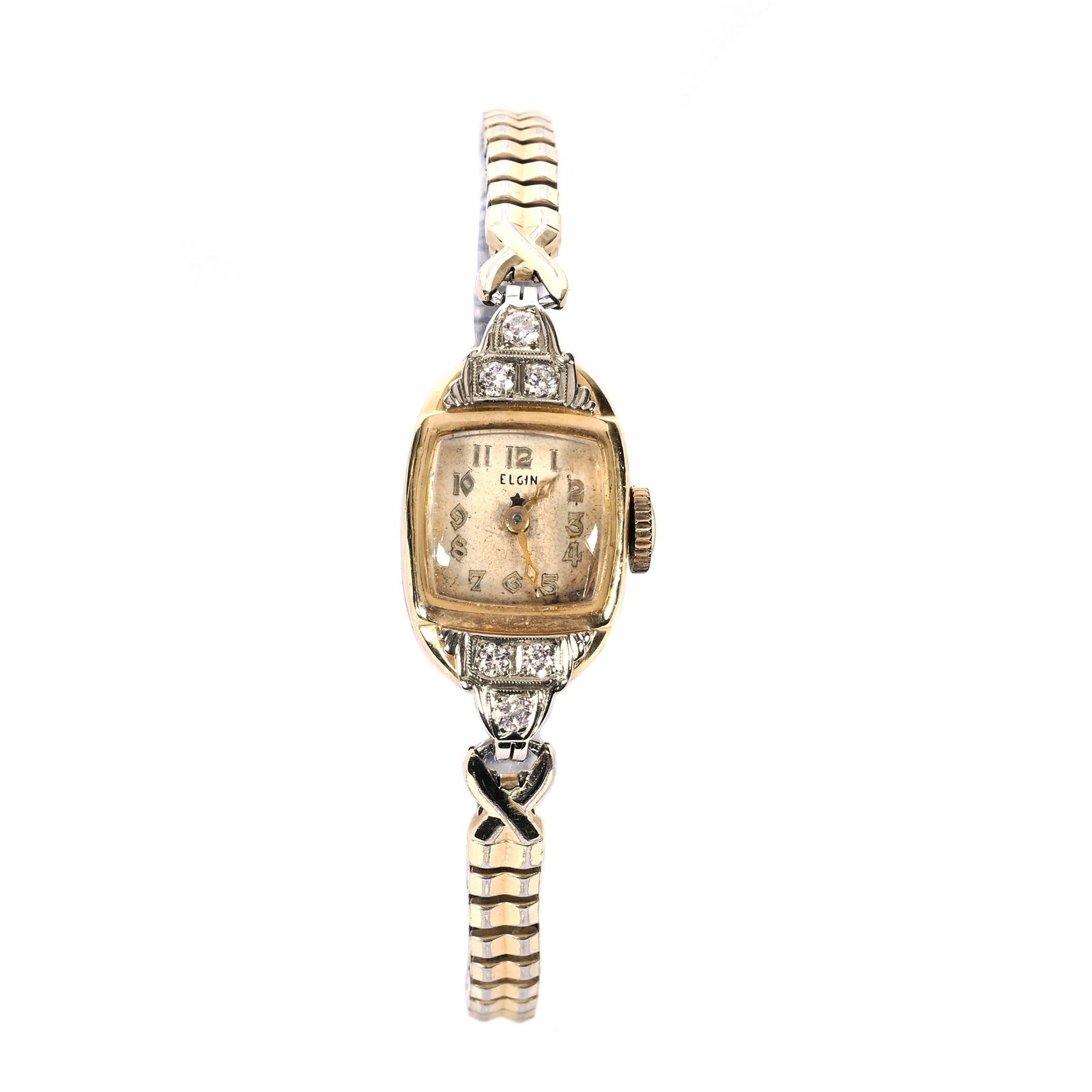 Lady's Wrist Watch, 14k Gold, Elgin Works, Six Mine Cut Diamonds: Lady's Wrist Watch, 14k Gold, Elgin Works, Six Mine Cut Diamonds, The Estate Of Rex And Mary Campbell, MO. All Proceeds Of This Auction Go To Benefit Low Income Students At University Of Missouri (Miz