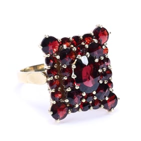 Lady's Ring, 14k Gold, Stepped Square Design Of Red Garnets