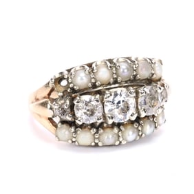 Lady's Ring, 14k Gold, Five Mine Cut Diamonds Framed By Seed Pearls