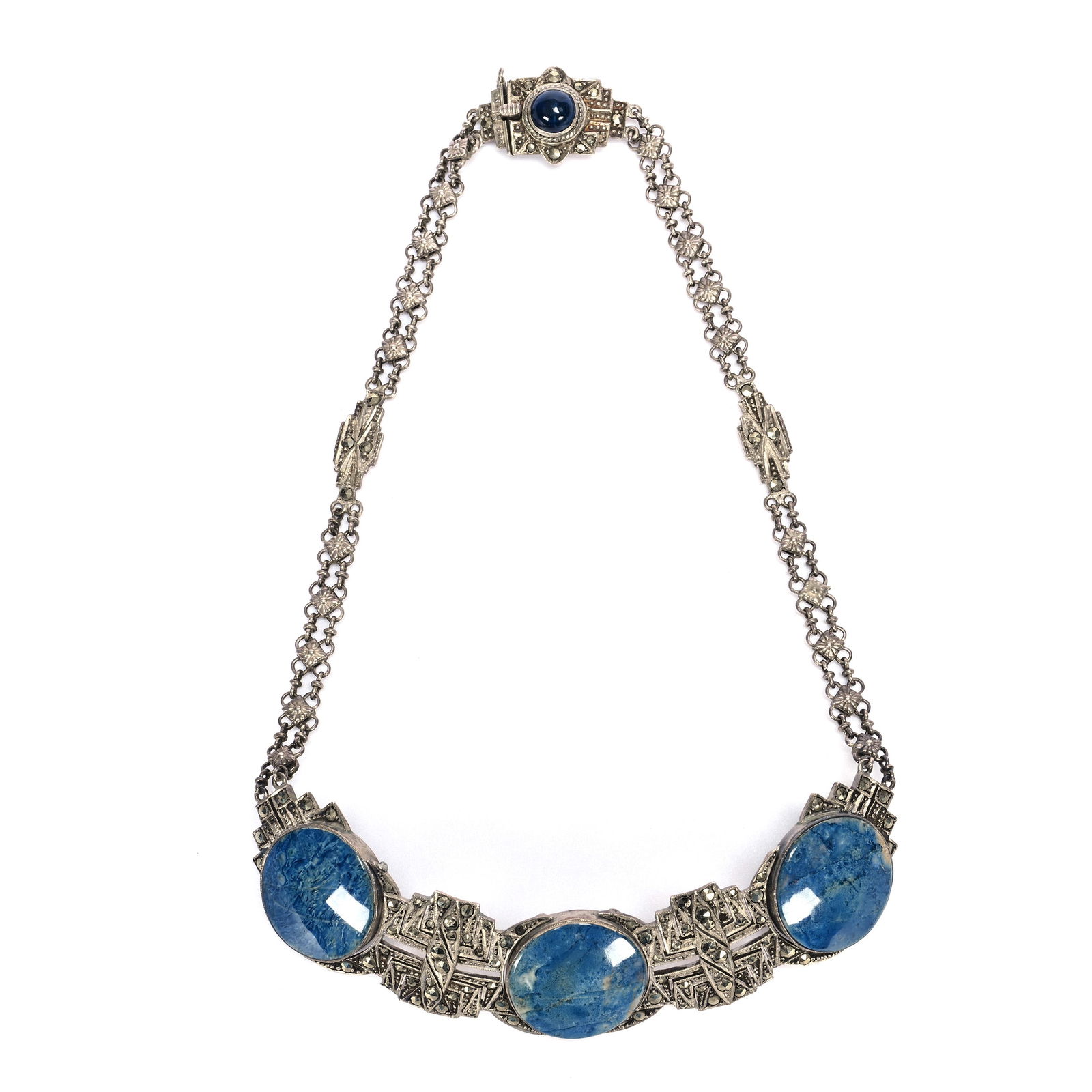 Choker Necklace, Art Deco, Sterling Silver With Lapis Lazuli Medallions (1 of 4)