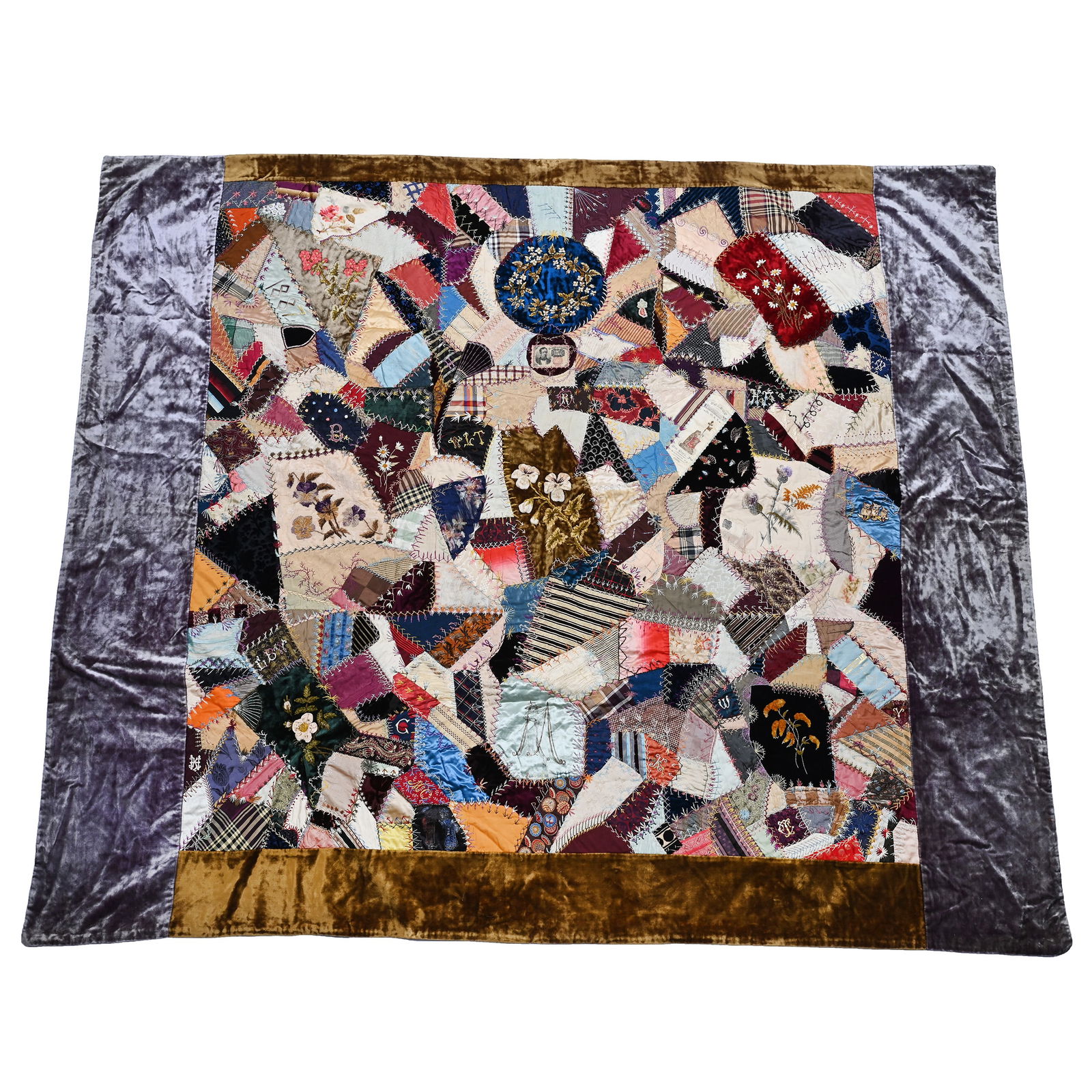 Authentic Crazy Quilt, Various Raised Floral Designs, Numerous Masonic Lodge Ribbons, Circa 1890's (1 of 10)