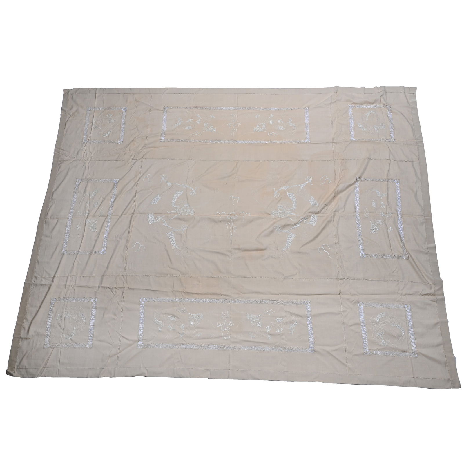Table Cloth With Lace Blocks Featuring Dragon Designs: Table Cloth With Lace Blocks Featuring Dragon Designs, 100" x 80" approximately, The Estate Of Rex And Mary Campbell, MO. All Proceeds Of This Auction Go To Benefit Low Income Students At University O