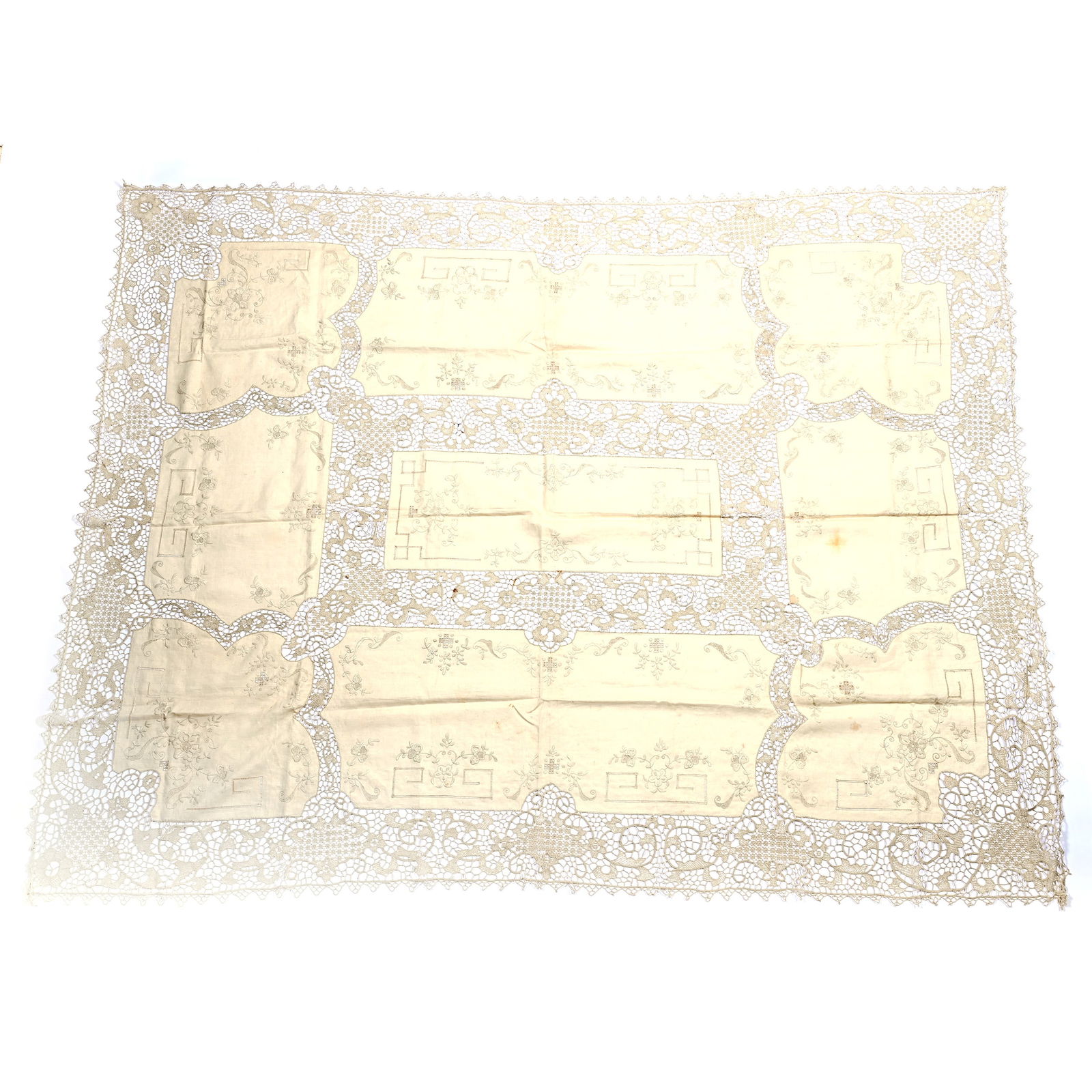 Table Cloth With Elaborate Bobbin Lace Edging: Table Cloth With Elaborate Bobbin Lace Edging, 80" x 60" approximately, Some Staining, The Estate Of Rex And Mary Campbell, MO. All Proceeds Of This Auction Go To Benefit Low Income Students At Univer