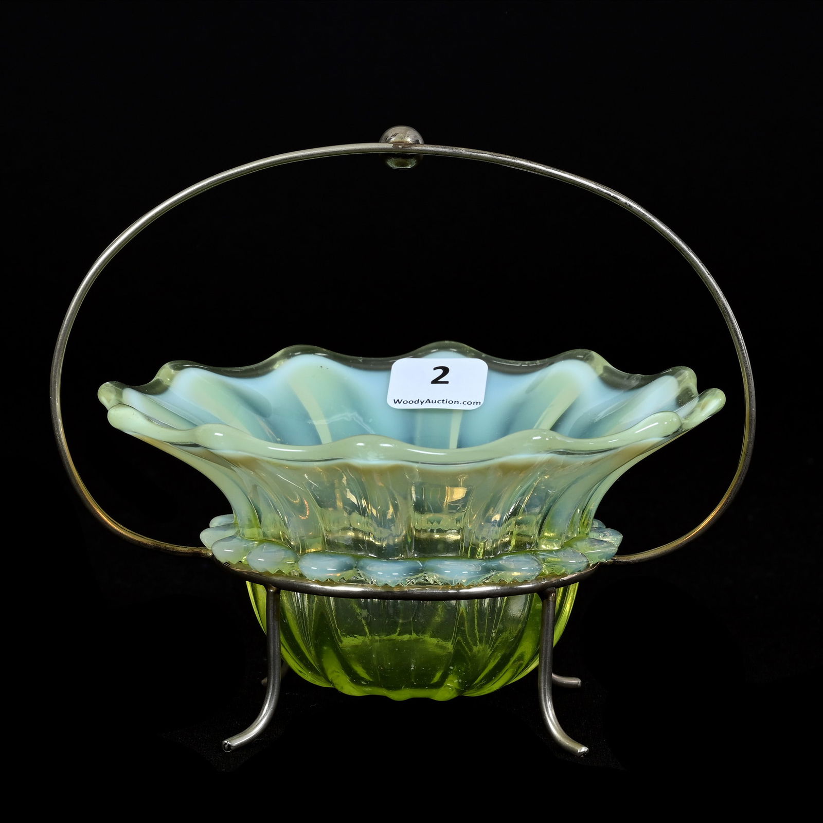 Sweetmeat, Vaseline Opalescent Art Glass Insert, Set On Silverplate Frame (1 of 5)