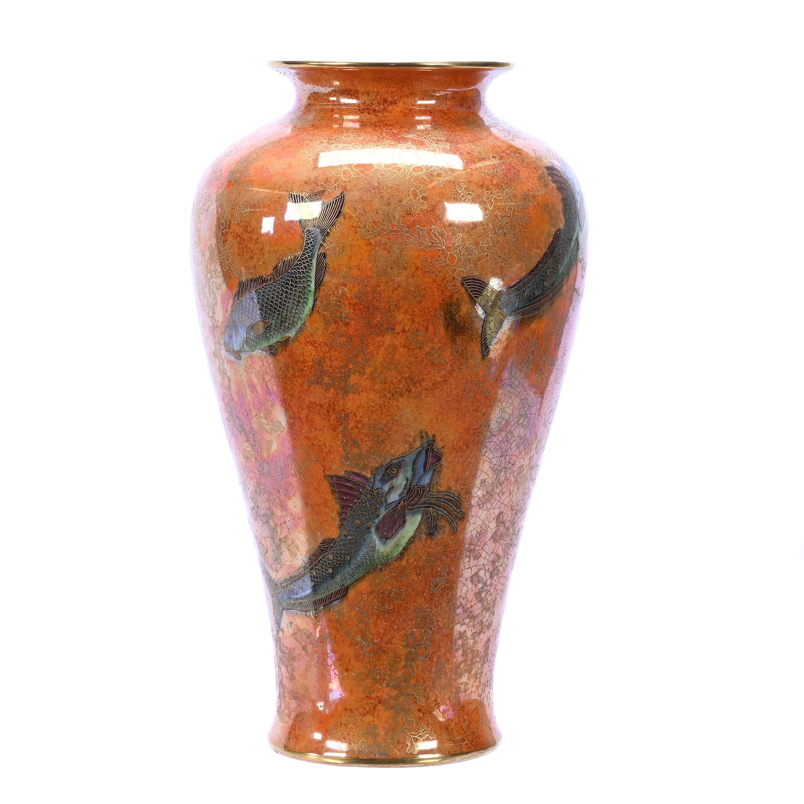 Vase Marked Stoke On Trent, Luster Ware, Orange Ground With Colorful Koi Fish Decor (1 of 4)