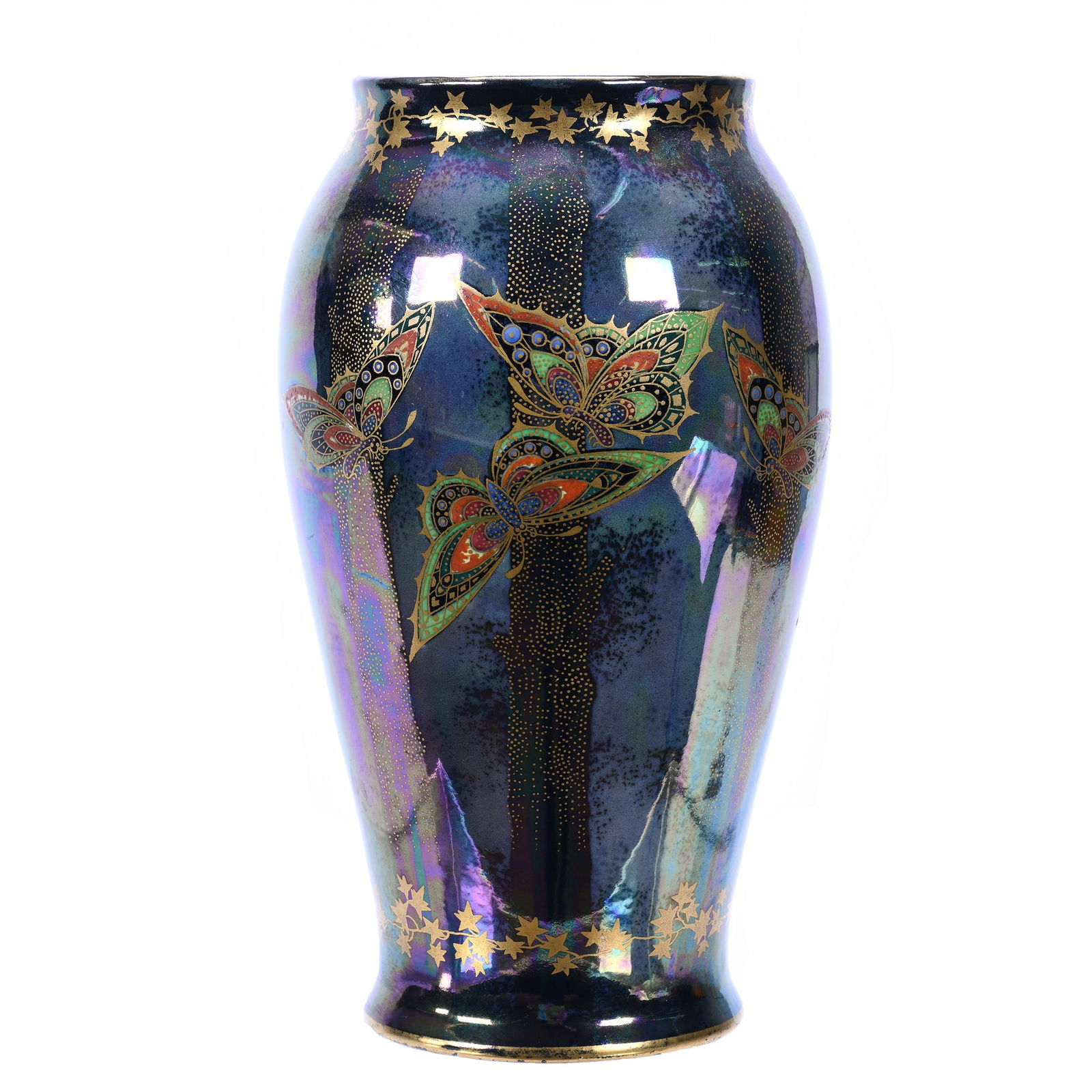 Vase Marked Stoke On Trent, Luster Ware, Orange Ground With Colorful Koi Fish Decor (1 of 3)