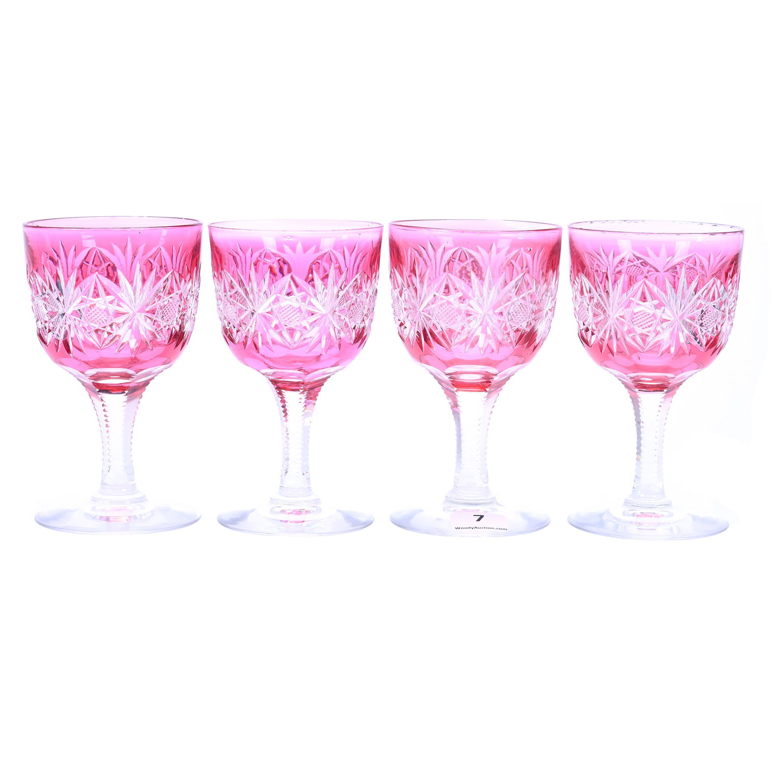 (4) Wine Stems, American Brilliant Cut Glass, Cranberry Cut To Clear, Hobstar And Fan Motif