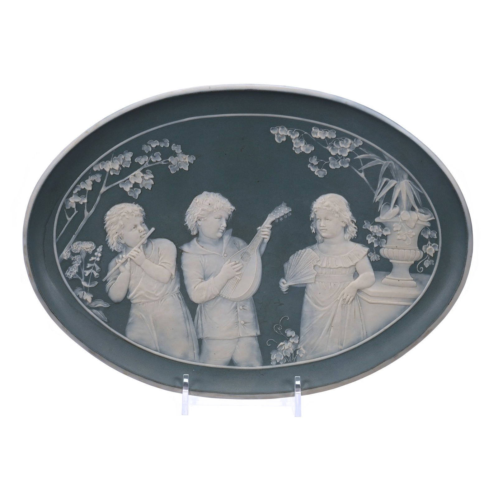 Oval Plaque Marked Mettlach #2445, Green Ground With White Relief (1 of 2)